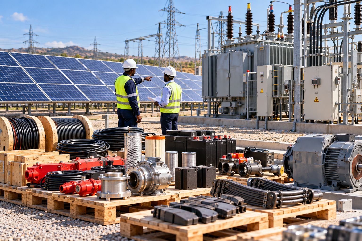 Painéis solares, transformador e subestação