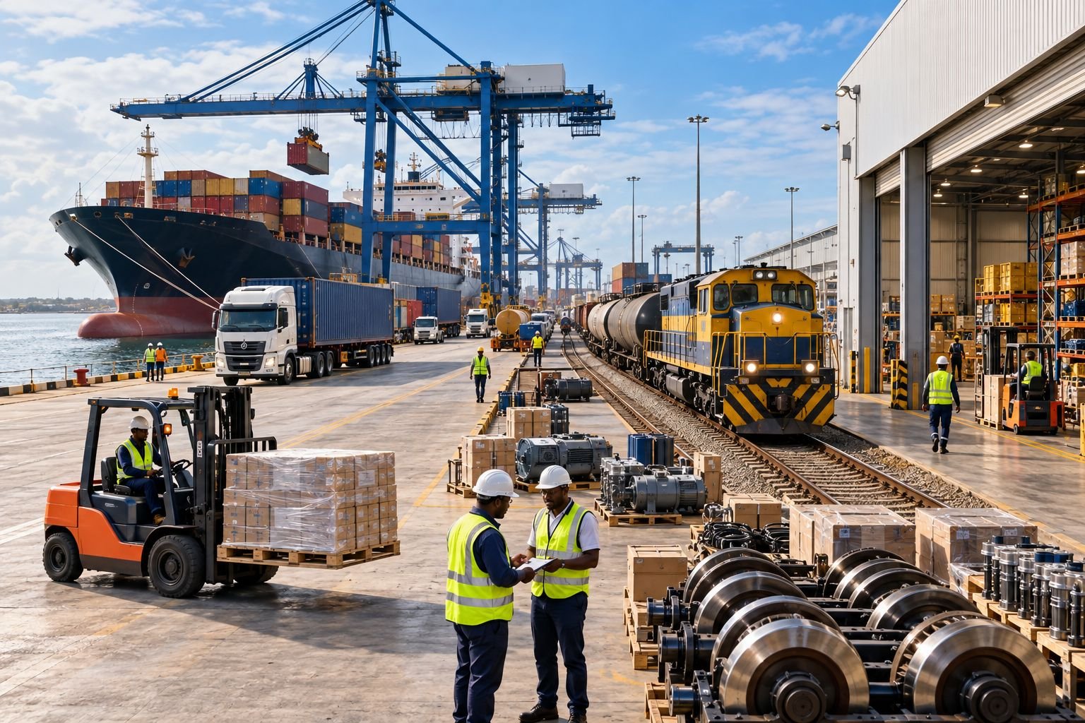 Integração entre porto, ferrovia, armazém e transporte